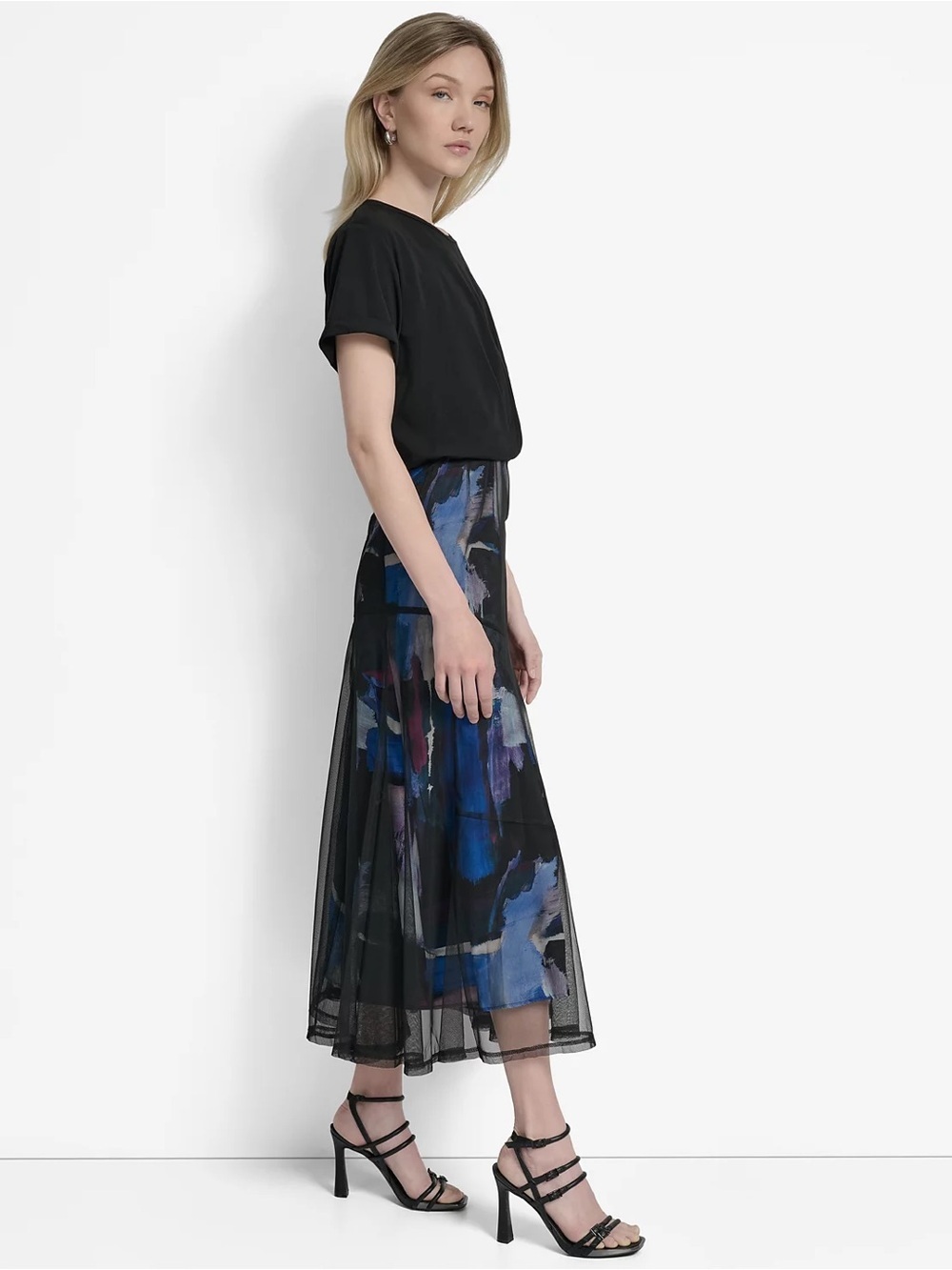 DKNY Black Mesh Midi Skirt with Blue & Purple Abstract Print - Picture 3 of 4